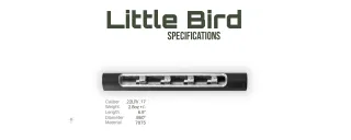 AB Suppressor Little Bird, the Little Bird specification sheet: the suppressor shown in cutaway with its baffle stack exposed, listing caliber, weight, length, diameter and material