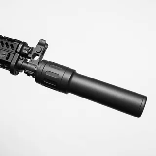 Resilient Suppressors RS9 9mm suppressor mounted on a rifle, photographed against a plain background
