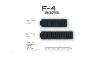 AB Suppressor F-4, the F-4 specification sheet: the F-4 and the longer F-4L photographed one above the other and labelled, each with weight, length and diameter, and the thread pitches both are offered in