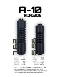 AB Suppressor A-10 5.56, the A-10 specification sheet: the 7.62 and 5.56 photographed side by side and labelled, each with its caliber, weight, length, diameter, material and the flush mount it ships with