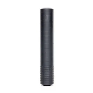 Resilient Suppressors Jolene 7.62mm suppressor standing upright, the full-length black tube with a knurled lower half