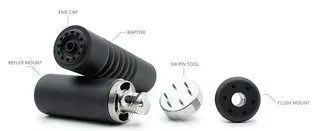 AB Suppressor AB Raptor Adapter, an annotated diagram of what ships with the Raptor: the suppressor, end cap, reflex mount, flush mount and six-pin tool, each labelled